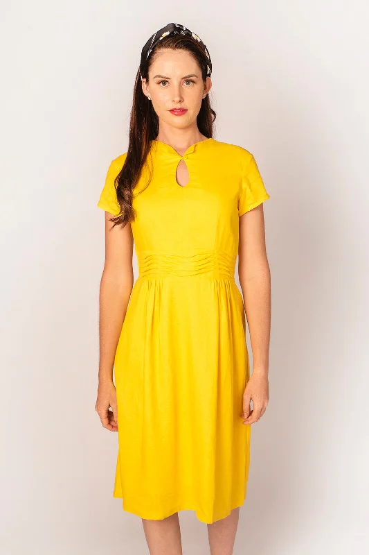 Ally Yellow Linen Dress Tunics Sale discount