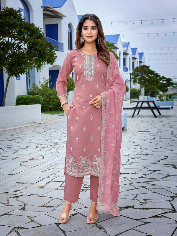 NOZ2TOZ Women's Chanderi Embroidered Straight Kurta Pant With Dupatta - Mauve Pink Elegant Palazzo Trousers NOZ2TOZ Women's Chanderi Embroidered Straight Kurta Pant With Dupatta - Mauve Pink Elegant Palazzo Trousers