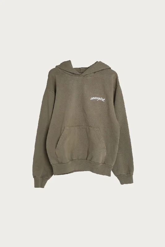 Pocket Script Hoodie - Army Green Hoodie with Illustration Artistic Creative