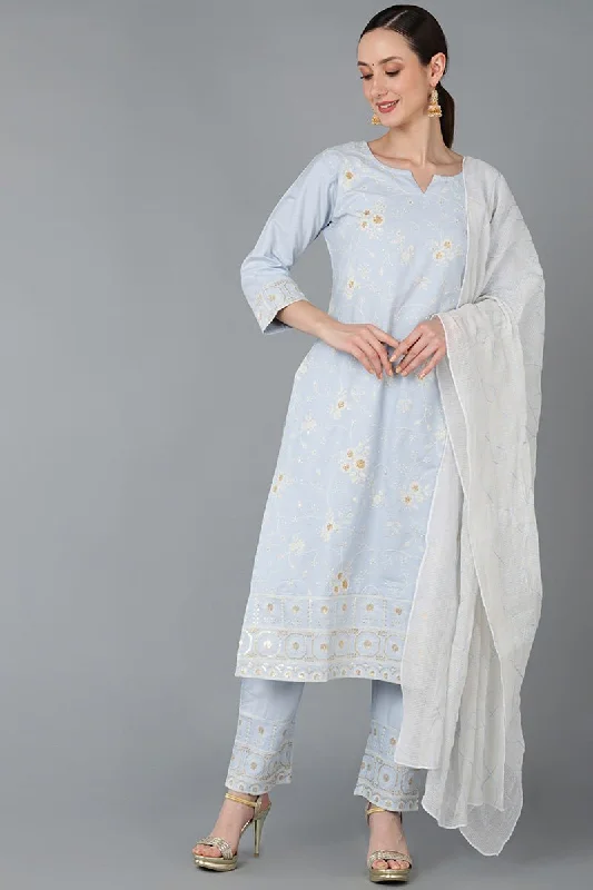 Ahika Light Blue Cotton Embroidered Ethnic Straight Kurta Pant With Dupatta Fashionable Button-Up Pants