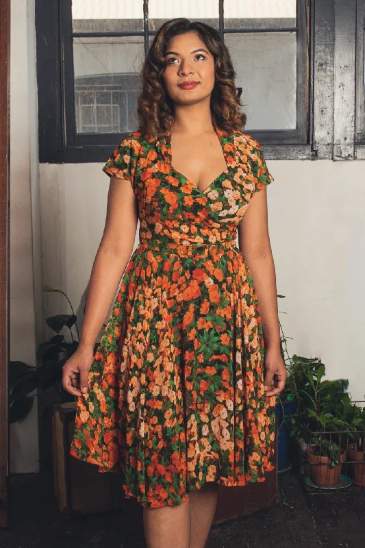 Pansy Burnt Orange & Green Floral Dress Turtleneck Warm Winter