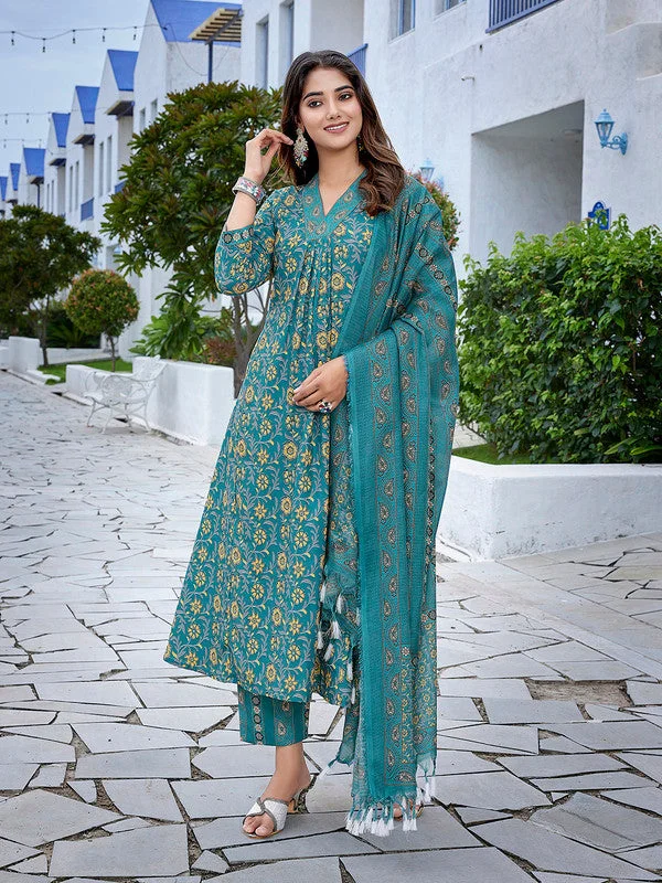 NOZ2TOZ Women's Viscose Printed Flared Kurta Pant With Dupatta - Teal Blue Trendy Velvet Pants NOZ2TOZ Women's Viscose Printed Flared Kurta Pant With Dupatta - Teal Blue Trendy Velvet Pants