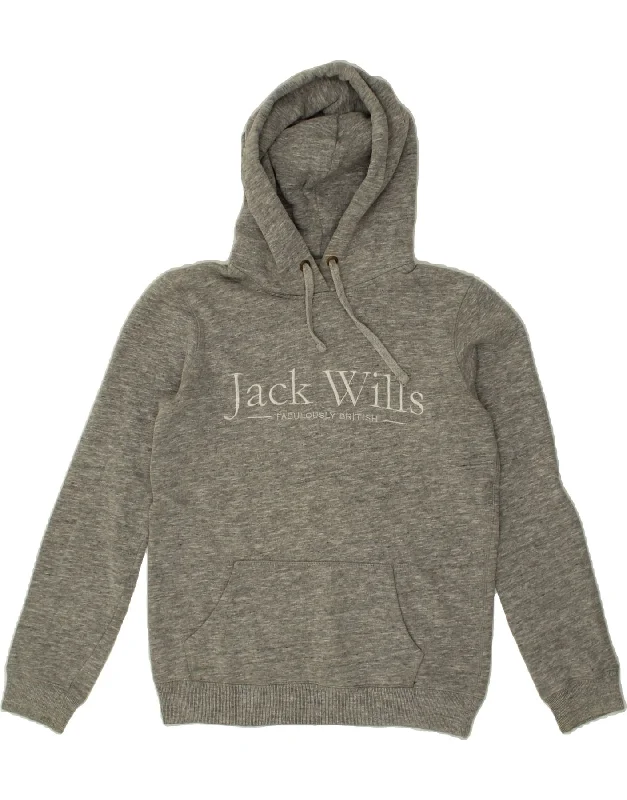 JACK WILLS Womens Graphic Hoodie Jumper UK 10 Small Grey Flecked Cotton Hoodie with Half-Zip Sporty Casual