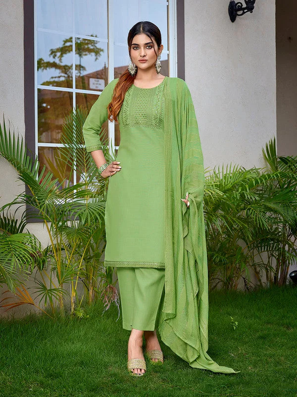 NOZ2TOZ Women's Cotton Blend Embroidered Straight Kurta Pant With Dupatta - Light Green Relaxed Linen Pants NOZ2TOZ Women's Cotton Blend Embroidered Straight Kurta Pant With Dupatta - Light Green Relaxed Linen Pants