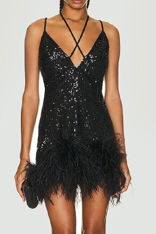 Sequined Luxe Lace-Up Feather Hem Mini Dress Elegant Mini Dress with Ruffles