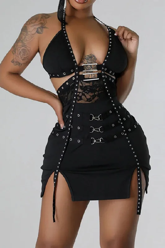 Metal Decor Bandage Halter Collar Hot Slit Mini Dress Cozy Ribbed Mini Dress