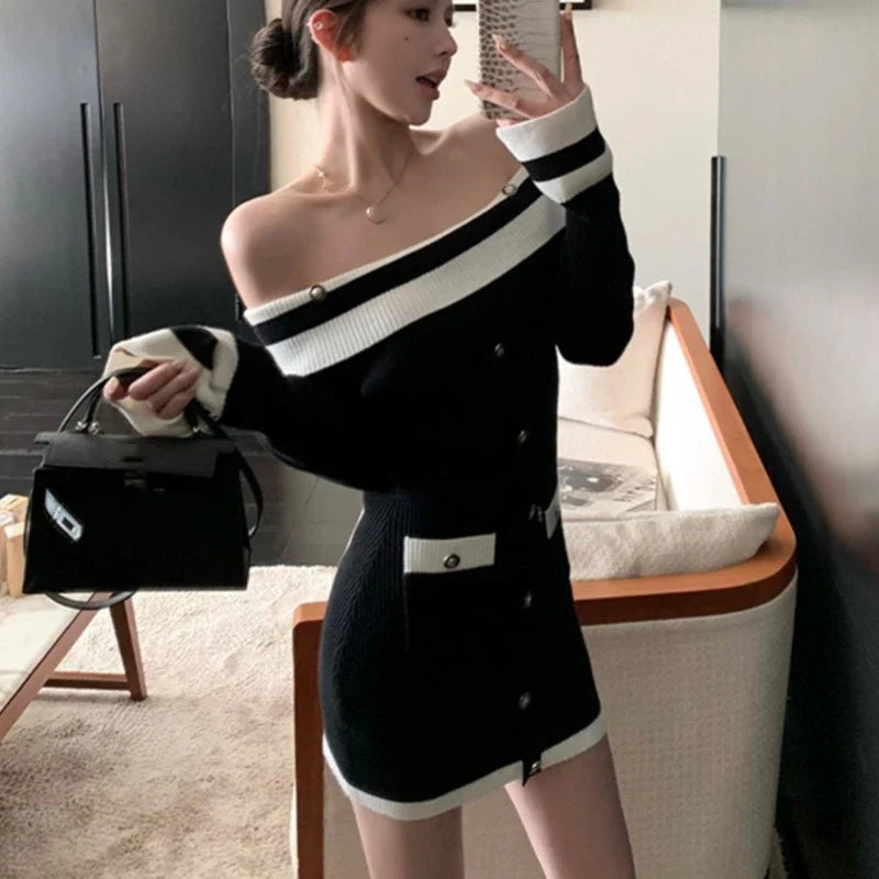 Wjczt Elegant Slash Neck Knitted Dress Women Long Sleeve Bodycon Mini Dresses Korean Fashion Autumn Winter New Slim Casual Vestidos Comfortable Wrap Mini Dress Wjczt Elegant Slash Neck Knitted Dress Women Long Sleeve Bodycon Mini Dresses Korean Fashion Autumn Winter New Slim Casual Vestidos Comfortable Wrap Mini Dress