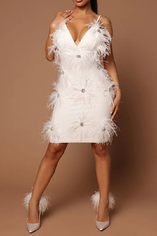 Rhinestone Party Fluffy Mini Dress Trendy Mesh Mini Dress