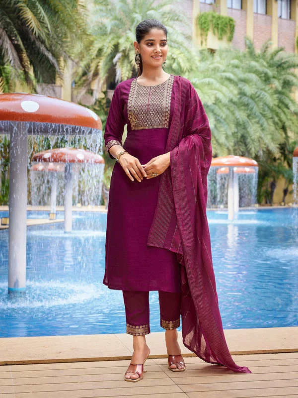 NOZ2TOZ Women's Silk Blend Solid Straight Kurta Pant With Dupatta - Purple Comfortable Jogging Pants NOZ2TOZ Women's Silk Blend Solid Straight Kurta Pant With Dupatta - Purple Comfortable Jogging Pants