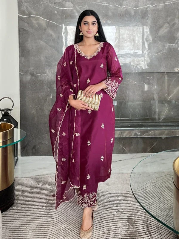 NOZ2TOZ Women's Viscose Silk Embroidered Straight Kurta Pant With Dupatta - Wine Classic Stretch Pants NOZ2TOZ Women's Viscose Silk Embroidered Straight Kurta Pant With Dupatta - Wine Classic Stretch Pants