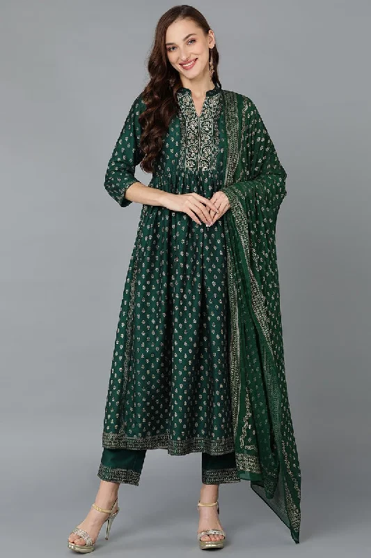 Ahika Green Silk Blend Anarkali Kurta Pant With Dupatta Comfy Cargo Trousers