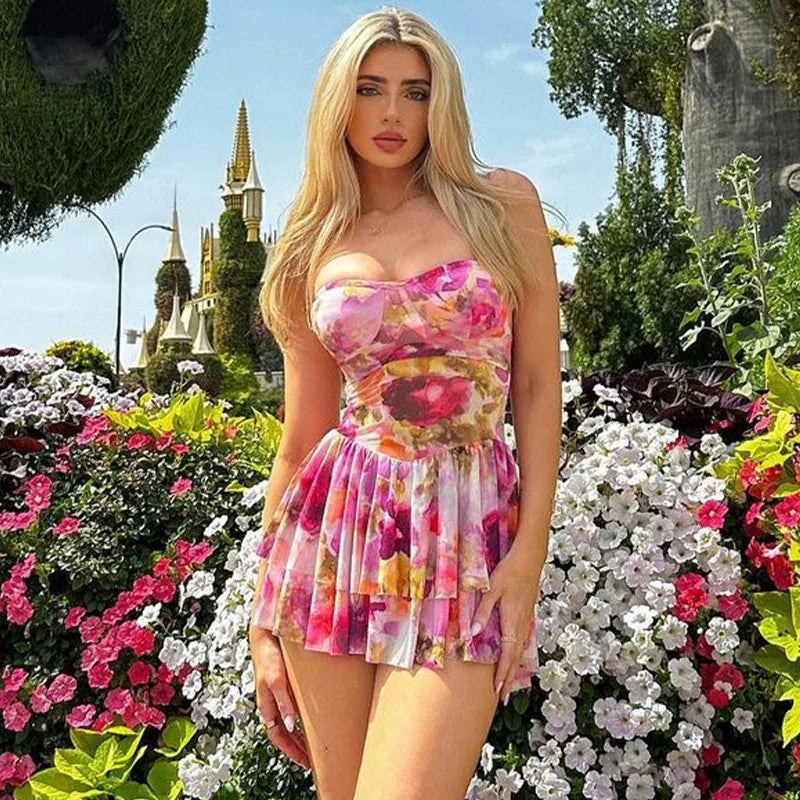 Wjczt Summer Women Sexy Y2K Print Flower Spaghetti Shoulder Strap Mini Dress Graphic Evening Birthday Party Clubwear Sundress Vestidos Comfortable Wrap Mini Dress