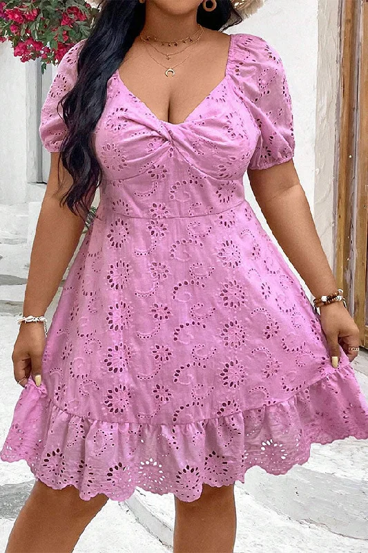 Solid Color Hollow-Out Flower Pattern Cute Twist Front Ruffled Mini Dress Comfortable Bodycon Mini Dress Solid Color Hollow-Out Flower Pattern Cute Twist Front Ruffled Mini Dress Comfortable Bodycon Mini Dress