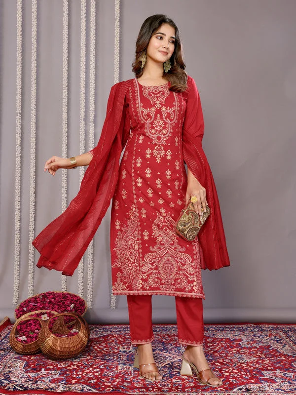NOZ2TOZ Women's Cotton Blend Printed Straight Kurta Pant With Dupatta - Red Fashionable Sporty Pants NOZ2TOZ Women's Cotton Blend Printed Straight Kurta Pant With Dupatta - Red Fashionable Sporty Pants