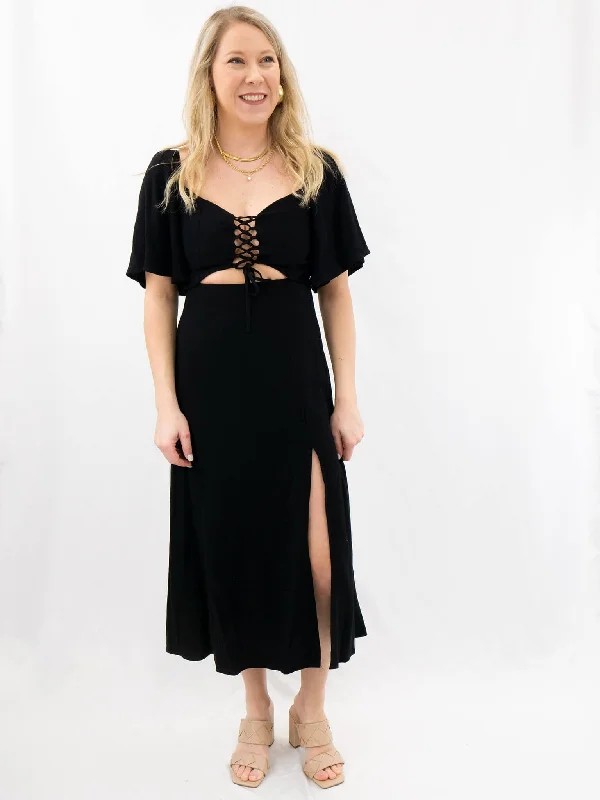 Black Cutout Flutter Sleeve Corset Dress Tunics Office stylish
