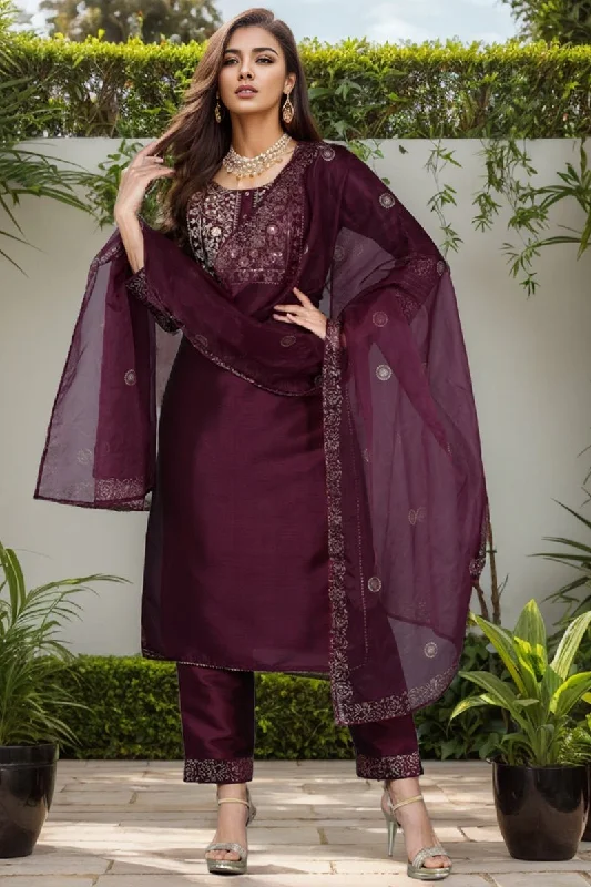 Ahika Purple Silk Blend Straight Yoke Design Kurta Pant With Dupatta Trendy Wide-Legged Trousers Ahika Purple Silk Blend Straight Yoke Design Kurta Pant With Dupatta Trendy Wide-Legged Trousers