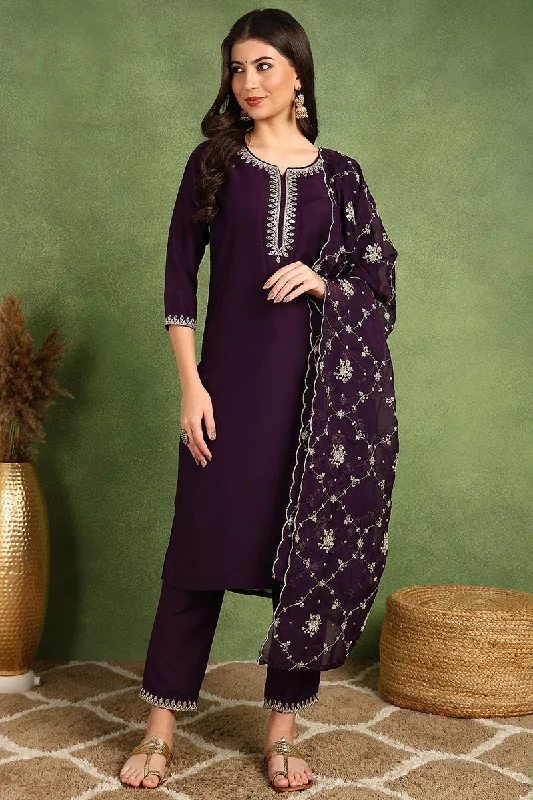 Ahika Purple Silk Blend Straight Kurta Pant With Dupatta Soft Sweatpants Style