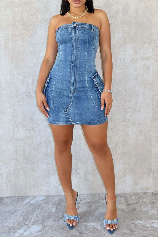 Washed Denim Strapless Classic Patch Pocket Mini Dress Trendy Denim Mini Dress