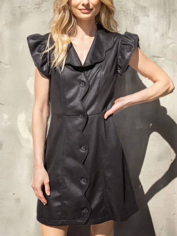 Faux Leather Scalloped Collar Black Dress Tunics Plaid country