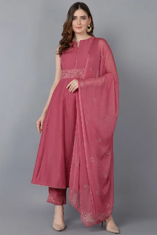 Ahika Pink Poly Silk Anarkali Kurta Pant With Dupatta Casual Track Pants