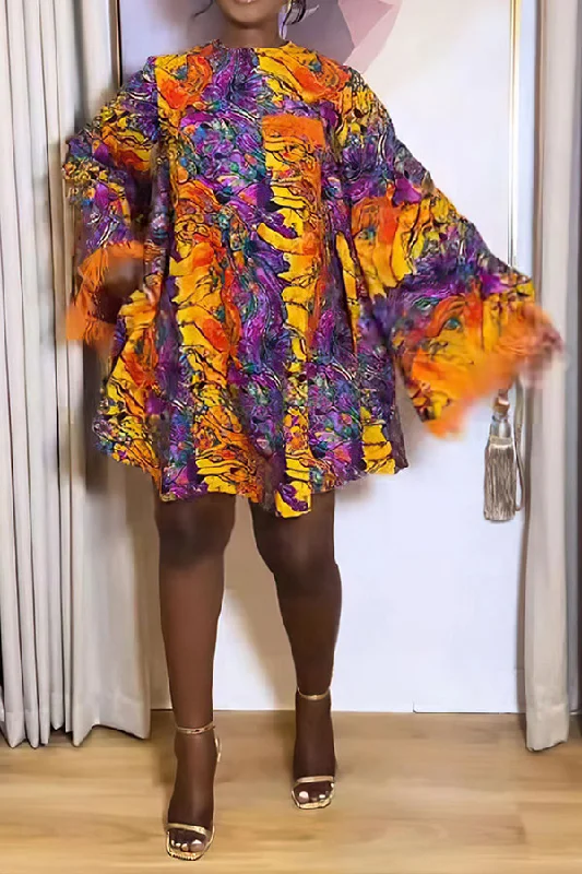 Abstract Print Feather Trim Dramatic Swing Mini Dress Cozy Knit Mini Dress
