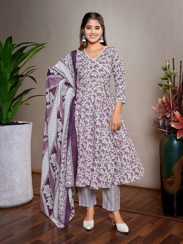 NOZ2TOZ Women's Cotton Blend Printed Angarkha Kurta Pant With Dupatta - Purple & White Chic Capri Pants NOZ2TOZ Women's Cotton Blend Printed Angarkha Kurta Pant With Dupatta - Purple & White Chic Capri Pants