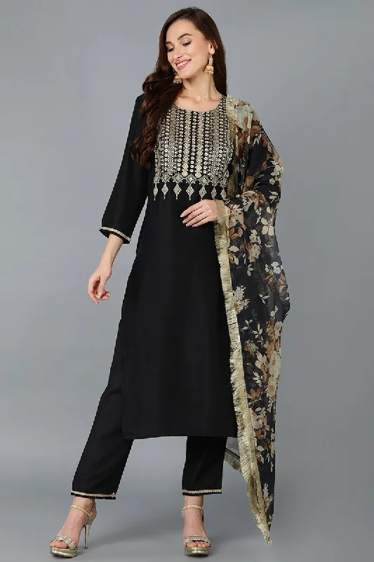 Ahika Black Silk Blend Yoke Design Kurta Pant With Dupatta Stylish Paperbag Waist Pants Ahika Black Silk Blend Yoke Design Kurta Pant With Dupatta Stylish Paperbag Waist Pants