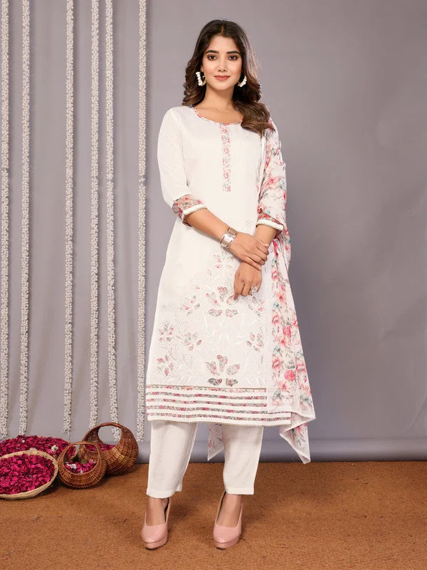 NOZ2TOZ Women's Embroidered Straight Kurta Pant With Dupatta - White Classic Cropped Pants NOZ2TOZ Women's Embroidered Straight Kurta Pant With Dupatta - White Classic Cropped Pants