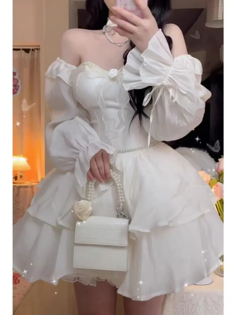 Wjczt Winter Solid Fairy Kawaii Long Sleeve Dress Women Korean  Designer Lolita Mini Dress New Female Casual  Fashion One Piece Dress Elegant Velvet Mini Dress