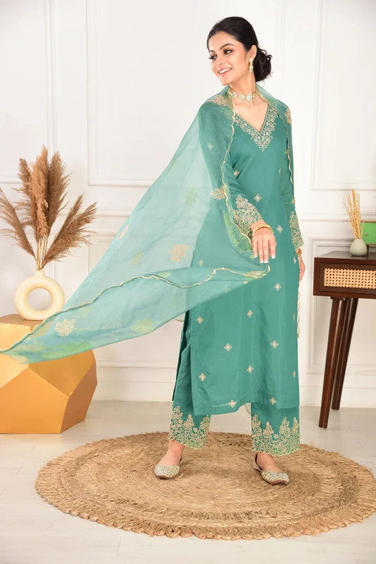 NOZ2TOZ Women's Viscose Chanderi Embroidered Straight Kurta Pant With Dupatta - Pine Green Comfortable Denim Pants NOZ2TOZ Women's Viscose Chanderi Embroidered Straight Kurta Pant With Dupatta - Pine Green Comfortable Denim Pants