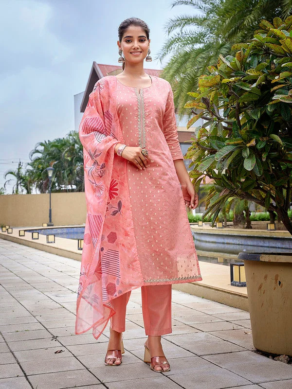NOZ2TOZ Women's Chanderi Woven Straight Kurta Pant With Dupatta - Peach Lightweight Jogger Pants NOZ2TOZ Women's Chanderi Woven Straight Kurta Pant With Dupatta - Peach Lightweight Jogger Pants