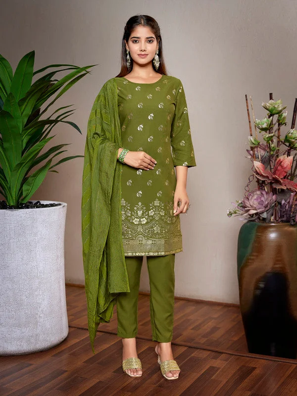 NOZ2TOZ Women's Crepe Foil Printed Straight Kurta Pant With Dupatta - Mehndi Green Chic Faux Leather Pants NOZ2TOZ Women's Crepe Foil Printed Straight Kurta Pant With Dupatta - Mehndi Green Chic Faux Leather Pants