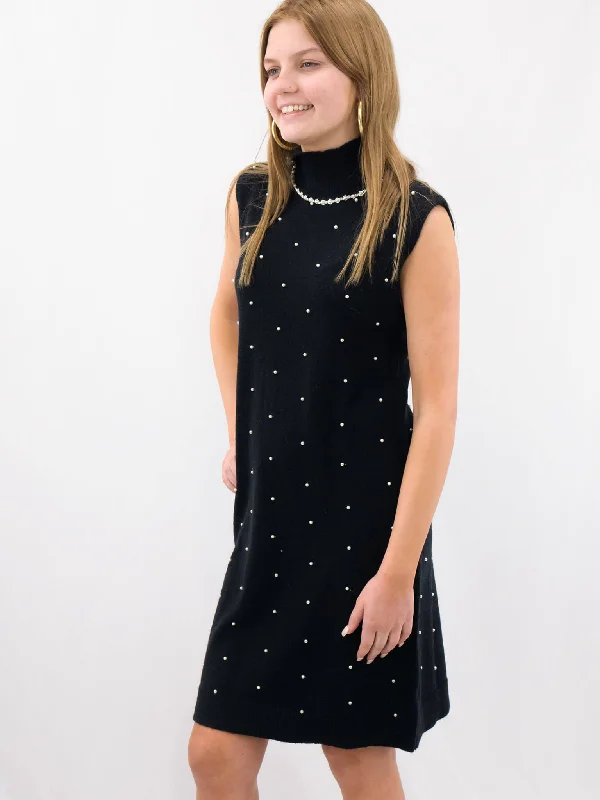 Black High Collar Pearl Dress sweetheart Neckline Romantic