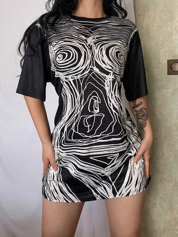Wjczt Abstract Line Print Tee Mini Dress Comfortable Casual Mini Dress