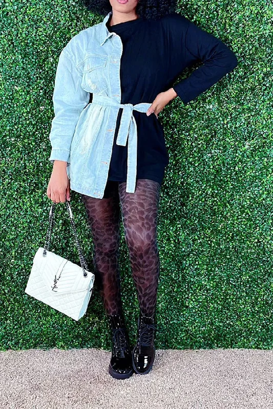 Denim Patchwork Unusual Belted Mini Dress Trendy Mesh Mini Dress