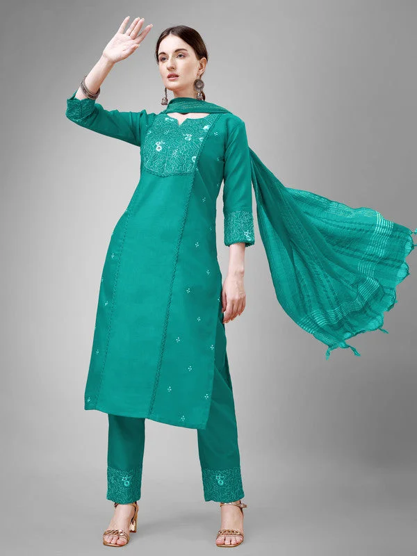 NOZ2TOZ Women Embroidered Cotton Blend Kurta Pant Dupatta Set - Rama Soft Stretch Trousers NOZ2TOZ Women Embroidered Cotton Blend Kurta Pant Dupatta Set - Rama Soft Stretch Trousers