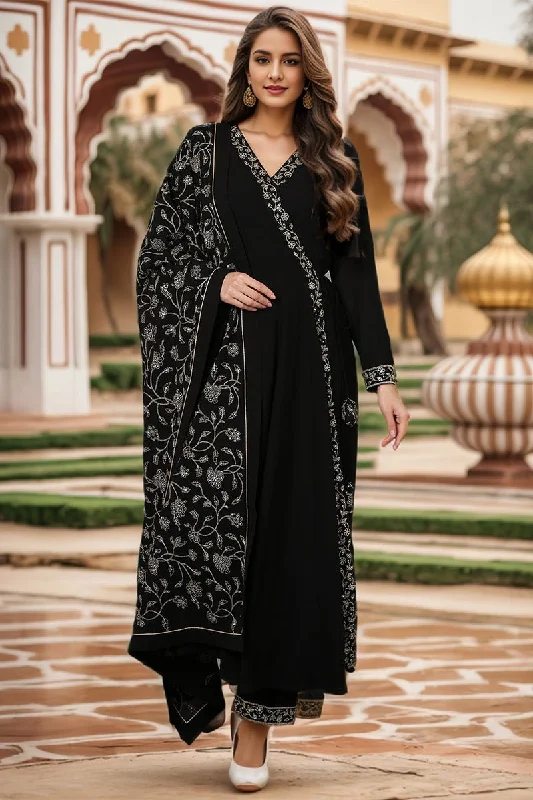 Ahika Black Poly Georgette Angrakha Pant With Dupatta Chic Wool Trousers