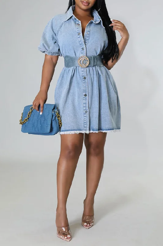 Blue Washed Denim Classic Puff Sleeve Button Mini Dress Comfortable Boho Mini Dress
