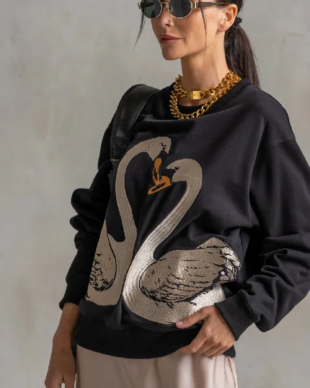 Classic Embroidered Sweatshirt Swans Hoodie with High-Low Hem Asymmetrical Trendy