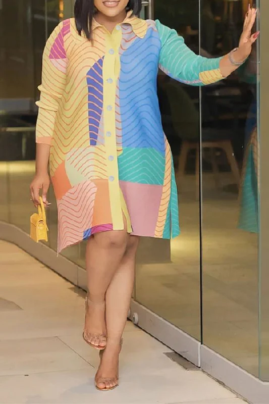 Ripple Print Colorful Button Thru Mini Dress Chic Tropical Mini Dress