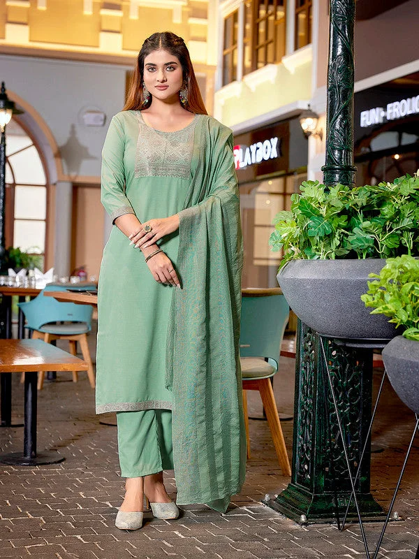 NOZ2TOZ Women's Cotton Blend Solid Straight Kurta Pant With Dupatta - Pista Green Wide-Legged Palazzos NOZ2TOZ Women's Cotton Blend Solid Straight Kurta Pant With Dupatta - Pista Green Wide-Legged Palazzos