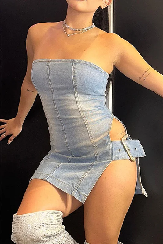 Washed Gradient Denim Girly High Split Rhinestone Buckle Mini Dress Cozy Long Sleeve Mini Dress Washed Gradient Denim Girly High Split Rhinestone Buckle Mini Dress Cozy Long Sleeve Mini Dress