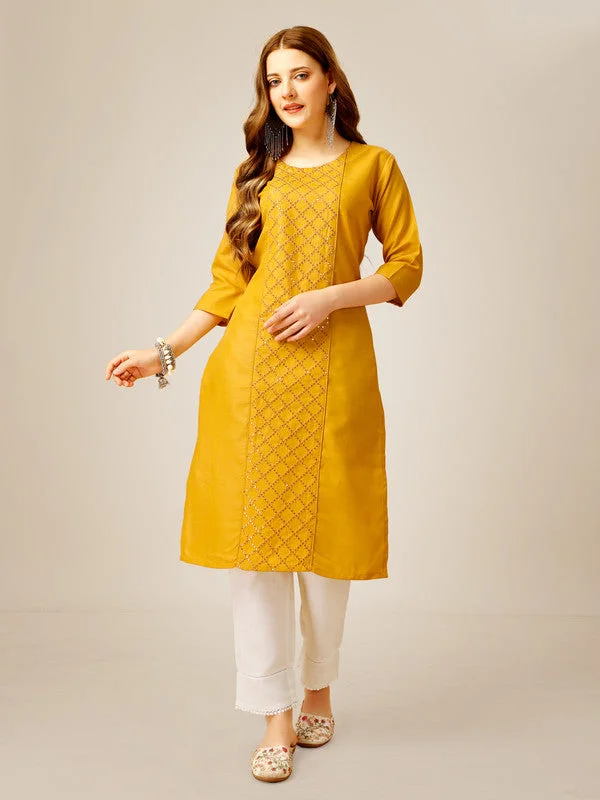 NOZ2TOZ Women Embroidered Cotton Blend Kurta Pant Set - Yellow Formal Dress Pants