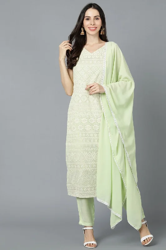 Ahika Light Green Poly Georgette Straight Kurta Pant With Dupatta Set Modern Stretch Trousers