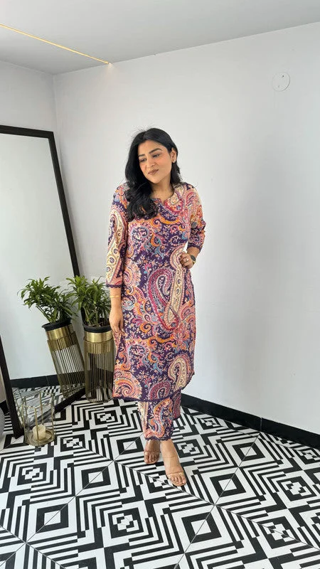 NOZ2TOZ Women's Viscose Floral Printed Straight Kurta Set With Pant - Purple Classic Straight Pants NOZ2TOZ Women's Viscose Floral Printed Straight Kurta Set With Pant - Purple Classic Straight Pants