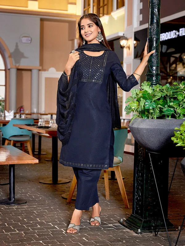 NOZ2TOZ Women's Cotton Blend Embroidered Straight Kurta Pant With Dupatta - Navy Blue Modern Stretch Trousers NOZ2TOZ Women's Cotton Blend Embroidered Straight Kurta Pant With Dupatta - Navy Blue Modern Stretch Trousers