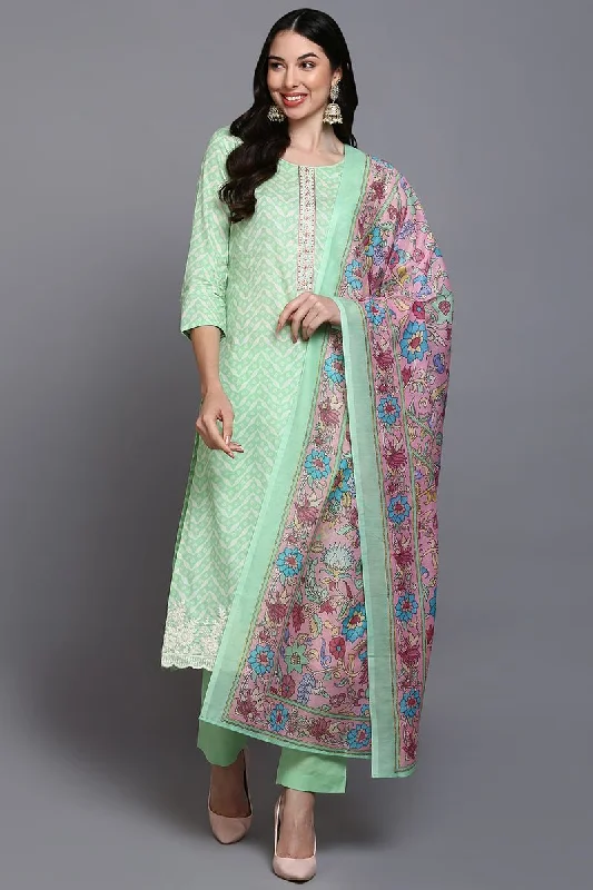 Ahika Cotton Green Printed Straight Kurta Pant With Dupatta Relaxed High-Waist Trousers Ahika Cotton Green Printed Straight Kurta Pant With Dupatta Relaxed High-Waist Trousers