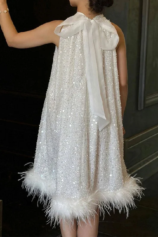 Sequined Bow Tie Rocking Feather Trim Mini Dress Fashionable Party Mini Dress