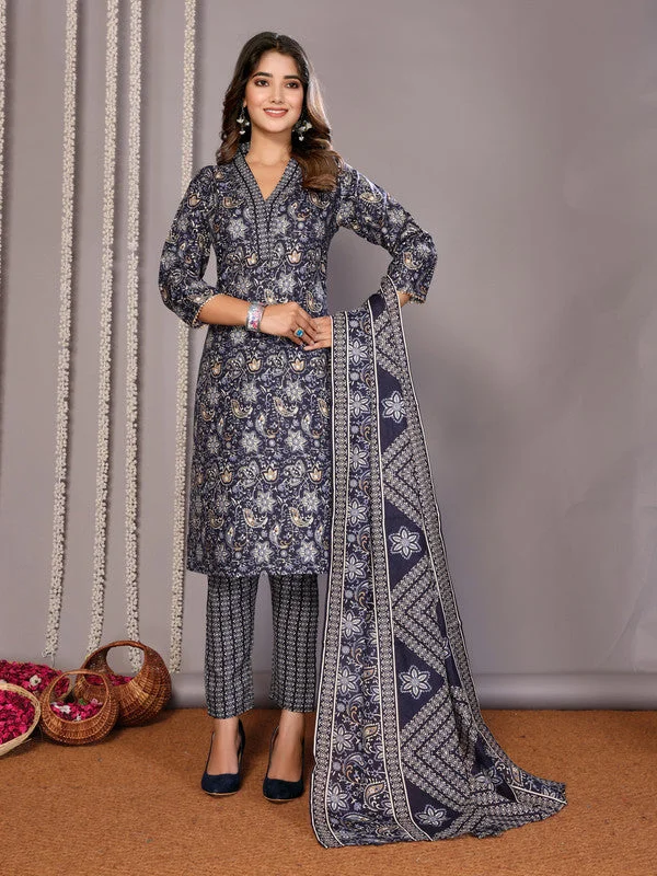 NOZ2TOZ Women's Cotton Blend Printed Straight Kurta Pant With Dupatta - Black Chic Wool Trousers NOZ2TOZ Women's Cotton Blend Printed Straight Kurta Pant With Dupatta - Black Chic Wool Trousers
