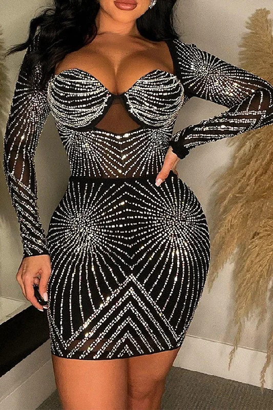 Rhinestone Striking Bodycon Mini Dress Stylish Ribbed Mini Dress